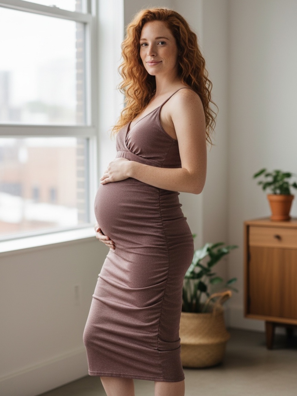 Maternity Shimmer Ruched Bodycon Dress Mauve Pink Medium